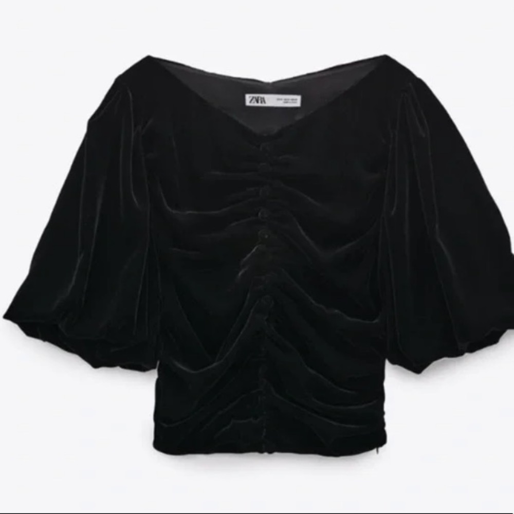 NWT Zara Black Top Velvet Puff Short Sleeve XS - Picture 2 of 8